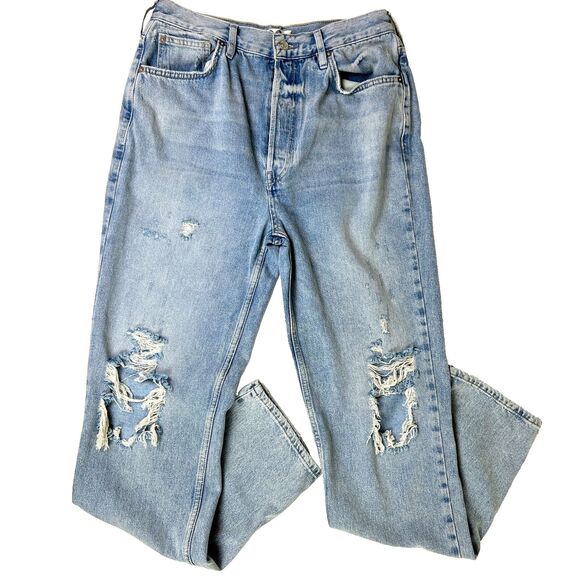 We the Free People Lasso High Rise Jeans Distressed Light Wash Blue Denim Sz 30 - Picture 3 of 16
